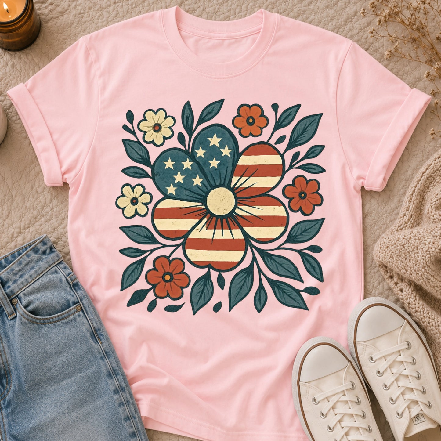 American Flag Floral Tshirt T-shirt